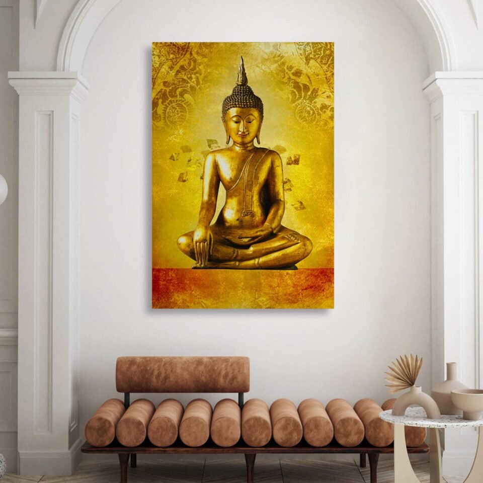 Divine Serenity -  Golden Buddha Statue - Canvas Wall Art Prints. Immerse yourself in the profound serenity emanating from this stunning composition. The golden hue of the Buddha statue radiates warmth and tranquility, while its serene expression invites contemplation and inner peace. The artist's meticulous attention to detail brings out the intricate features and graceful proportions of the statue, showcasing the beauty and spiritual significance it embodies.