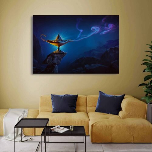 Enchanted Wonders - Aladdin's Golden Magic Lamp in a Radiant Purple Oasis - Canvas Prints. The subtle gradients of purple, the intricate details of the magic lamp, and the play of light and shadow are faithfully captured, allowing you to immerse yourself in the enchanting world of Aladdin.