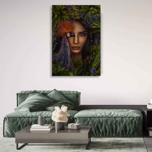 Enchanting Serenity - Wall Art - A Woman's Harmony with Nature. Immerse yourself in the captivating gaze of the portrait, where the woman's serene expression exudes grace and tranquility. Her allure is further enhanced by the vibrant colors and delicate details of the surrounding bird and flowers, creating a mesmerizing visual symphony.