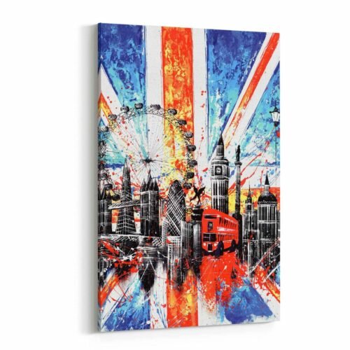 British Flag - Canvas Art - Vibrant Cityscape with Landmarks and the Union Jack - Canvas Prints. With the UK flag serving as a backdrop, this artwork captures the essence of British pride and heritage. The combination of colorful landmarks and the Union Jack symbolizes the unity and spirit of the nation, making it a perfect addition to any patriotic or London-themed decor.