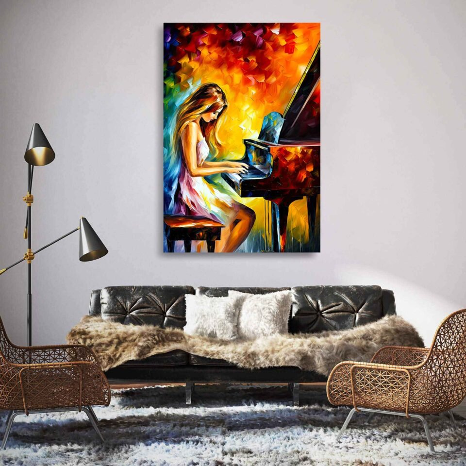  Symphony and Colours - Canvas Print with Piano Musician - Elegant Wall Art for Music Rooms. Introducing our exquisite Canvas Print featuring a captivating portrayal of a female piano musician, gracefully immersed in the enchanting world of music. This stunning artwork brings to life the harmonious blend of vibrant colours, intricate details, and the sheer passion expressed by the skilled hands dancing across the ivory keys.