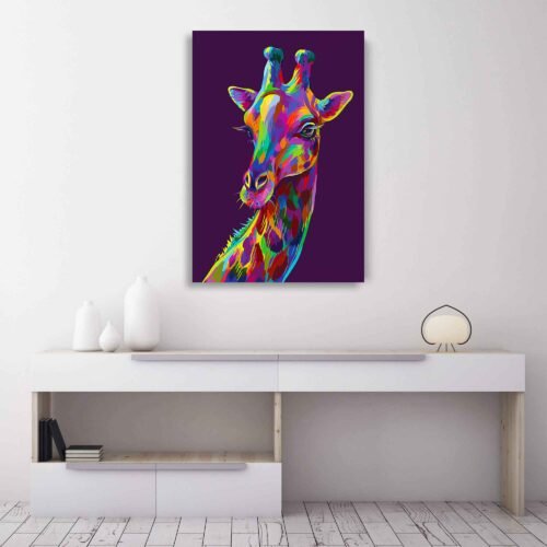 Vibrant Majesty - Abstract Giraffe Portrait in Pop Art Style Canvas Print. Immerse yourself in the lively colors and dynamic composition, and let this artwork infuse your home or office with a burst of artistic energy and visual impact. Experience the captivating beauty of the giraffe through the lens of pop art and enjoy the lasting allure of this remarkable piece.