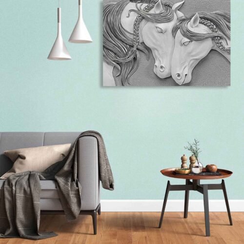 Majestic Symmetry - A Monochrome Encounter of Equine Grace - Canvas Wall Art Prints. With its exquisite blend of artistry, elegance, and monochromatic allure, this canvas art print makes a perfect addition to your art collection or a thoughtful gift for someone who appreciates the beauty of equine grace.