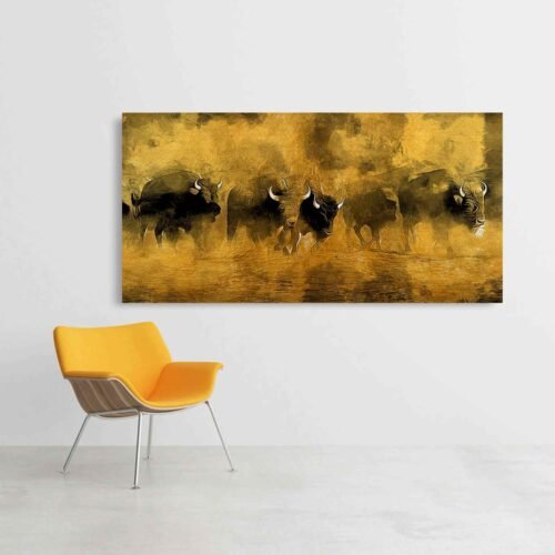 Golden Herd - Large Wall Art - Modern Oriental Style Painting of Buffalo on Gray and Gold. This captivating canvas print showcases a modern painting of a majestic buffalo herd, rendered with a unique blend of textures and colors. The artwork features an oriental style, with a gray and gold canvas adorned with an abstract pattern, adding depth and intrigue to the composition.