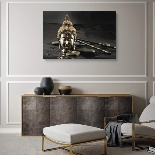 Golden Serenity - Buddha Statue in a Thai Buddhist Temple - Canvas Prints. Let the radiance and spiritual significance of this artwork transform your surroundings, creating an atmosphere of calmness, mindfulness, and a deep connection to the eternal wisdom embodied by the Buddha. The golden hues of the statue radiate warmth and serenity, while the peaceful expression and graceful posture exude a sense of enlightenment and inner peace.