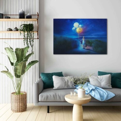 Wanderlust Among the Stars - A Girl's Cosmic Journey - Canvas Wall Art Prints. "Wanderlust Among the Stars" serves as a powerful reminder of the boundless potential of human curiosity and the unending possibilities that lie beyond our horizons. It ignites a sense of awe and imagination in all who behold it, making it a cherished addition to your art collection.
