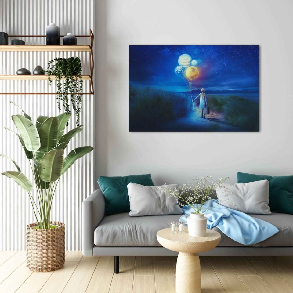 Wanderlust Among the Stars - A Girl's Cosmic Journey - Canvas Wall Art Prints. "Wanderlust Among the Stars" serves as a powerful reminder of the boundless potential of human curiosity and the unending possibilities that lie beyond our horizons. It ignites a sense of awe and imagination in all who behold it, making it a cherished addition to your art collection.