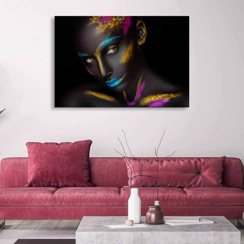 Colorful Vogue Canvas Art Prints - Abstract Makeup Portrait. The colorful powder makeup creates a visually striking composition that exudes beauty and artistic flair. The vibrant and bright colors carefully applied to enhance the model's features, showcase the creativity and imagination of the makeup artist. The abstract design adds an element of intrigue and artistic expression, transforming the portrait into a captivating piece of art.