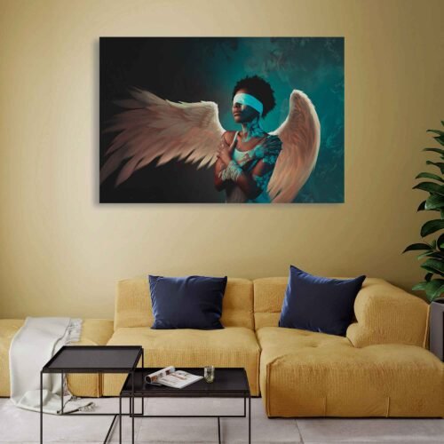 Enigmatic Reverie - A Blindfolded Angel in a Creative Fantasy Portrait on Canvas Prints. Crafted with meticulous attention to detail, this canvas print faithfully captures the ethereal beauty and enigmatic presence of the angelic figure. The creative pose and the blindfold evoke a sense of mystery and intrigue, inviting viewers to explore the depths of their own imagination.