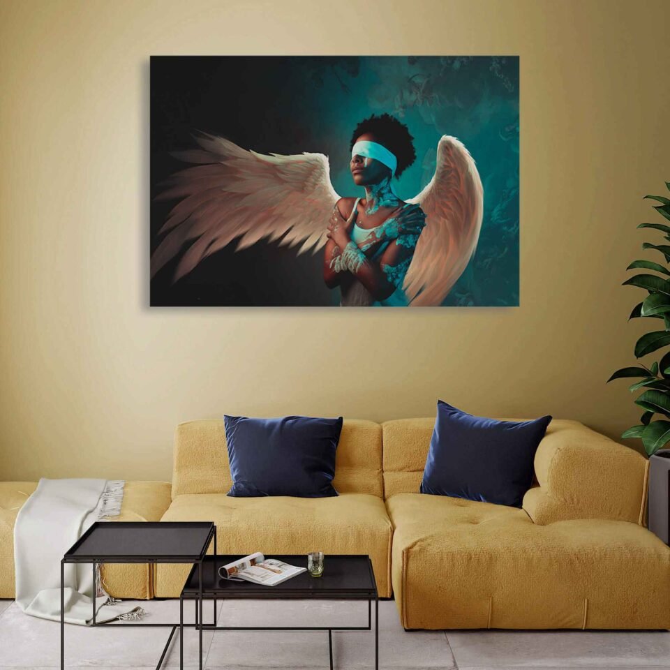 Enigmatic Reverie - A Blindfolded Angel in a Creative Fantasy Portrait on Canvas Prints. Crafted with meticulous attention to detail, this canvas print faithfully captures the ethereal beauty and enigmatic presence of the angelic figure. The creative pose and the blindfold evoke a sense of mystery and intrigue, inviting viewers to explore the depths of their own imagination.