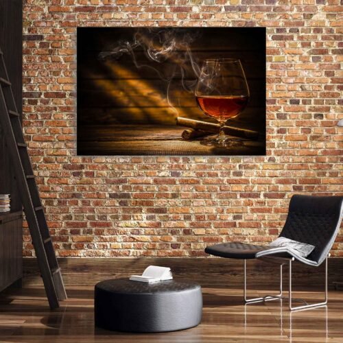 Smokey Elixir - Whiskey, Cigar, and Wooden Ambiance - Man Cave Wall Art. The play of light and shadows, the rich colors of the whiskey, and the intricacies of the cigar create a visually stunning composition that exudes warmth and indulgence. The combination of whiskey, cigar, and the wooden table creates a captivating ambiance that invites you to unwind and savor life's finer pleasures.