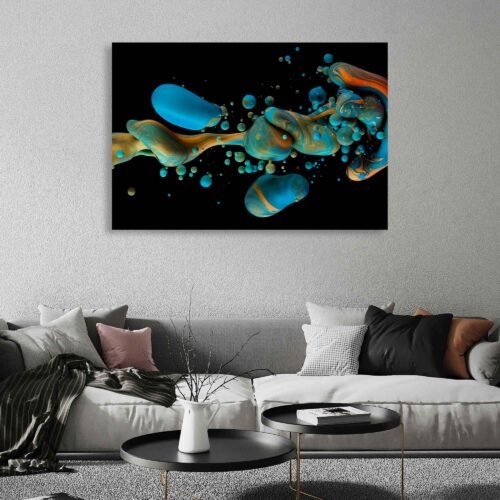 Flowing Chromatics - Dynamic Dance of Colorful Liquid Forms - Abstract Art. Crafted with meticulous attention to detail, this canvas print captures the essence of dynamic energy and artistic beauty. The interplay of blue and orange tones creates a unique and mesmerizing pattern that draws the eye and sparks the imagination.