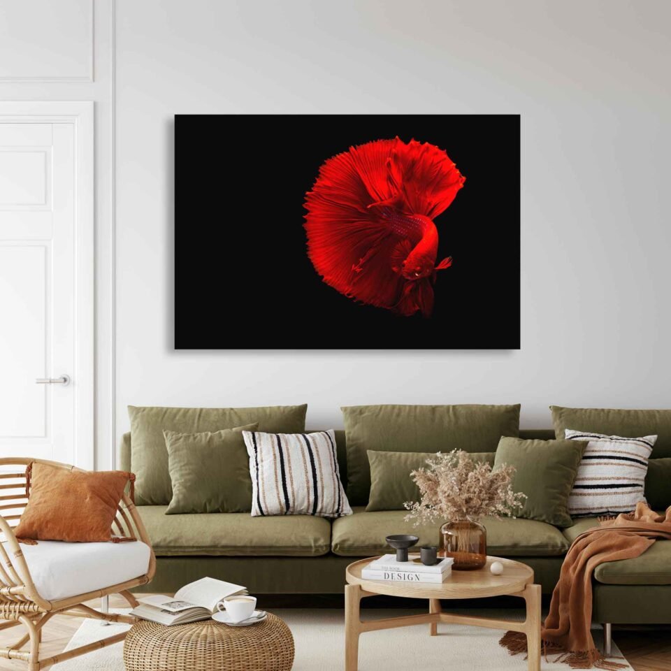 Crimson Betta - Canvas Art Prints- Underwater Beauty in a Black Abyss. "Crimson Betta" celebrates the beauty of underwater life, inviting viewers to immerse themselves in the captivating world of these fascinating creatures. Set against a deep black background, the betta fish's crimson hues shine brilliantly, creating a mesmerizing contrast that draws the viewer's attention.