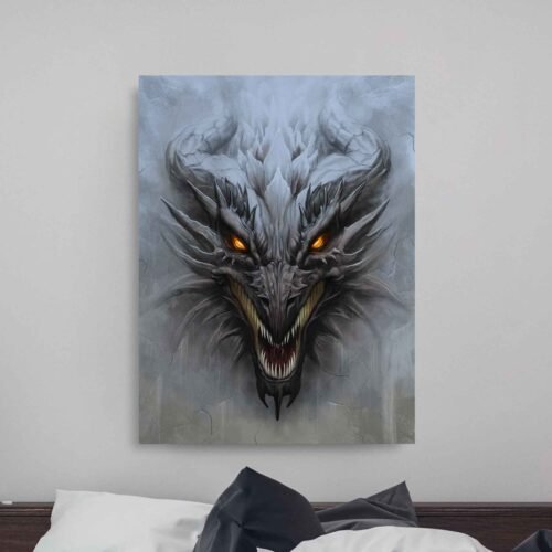 Stone Guardian Animal Prints - Dragon Head on Gray Stone - Canvas Art Prints. Immerse yourself in the mythical realm of dragons and let this artwork ignite your imagination. Experience the power and allure of the dragon's presence and add a touch of mystical enchantment to your home or office with this remarkable piece.