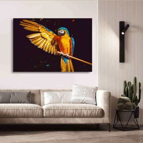 Exotic Wings - Canvas Prints Yellow Macaw Perched in Nature's Colorful Splendour. In "Exotic Wings," the Yellow Macaw takes center stage, its colorful plumage, and majestic wings capturing the essence of the animal world's most exquisite creations. The bird is perched in a moment frozen in time, displaying its striking beak and stunning feathers with grace and elegance.