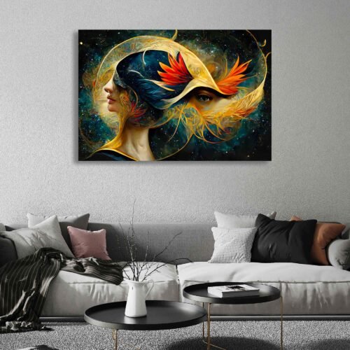 Harmony of the Muse - Music, Myth, and Yoga in Space - Wall Art Prints. The artwork beautifully captures the art of meditation and yoga, as the woman gracefully assumes a posture of tranquility and mindfulness. It symbolizes the connection between the human spirit and the cosmos, where self-awareness and inner harmony unite with the vastness of the universe.