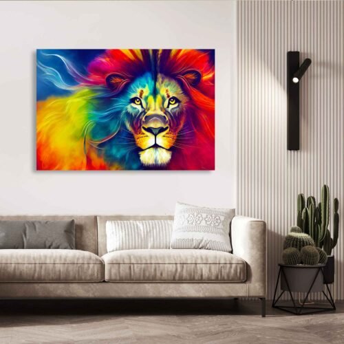 Vibrant Majesty - Canvas Wall Art - Creative Colorful Lion King in Pop Art Style. Let the bold colors and artistic expression infuse your surroundings with the electrifying energy of the lion king, a symbol of strength and majesty that continues to captivate and inspire.