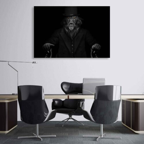 Lionhearted Sovereign -  Black and White Man in Lion Form Seated on Throne - Canvas Wall Art Prints. Embrace the qualities of strength, courage, and leadership, and let this artwork inspire you to tap into your inner lionhearted nature. Experience the transformative power of motivation and self-belief with this remarkable piece, and let it serve as a daily reminder of your own potential and personal growth.