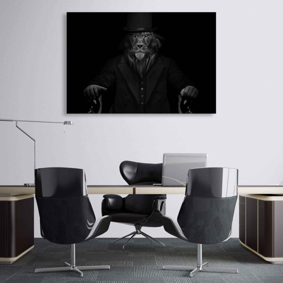 Lionhearted Sovereign -  Black and White Man in Lion Form Seated on Throne - Canvas Wall Art Prints. Embrace the qualities of strength, courage, and leadership, and let this artwork inspire you to tap into your inner lionhearted nature. Experience the transformative power of motivation and self-belief with this remarkable piece, and let it serve as a daily reminder of your own potential and personal growth.