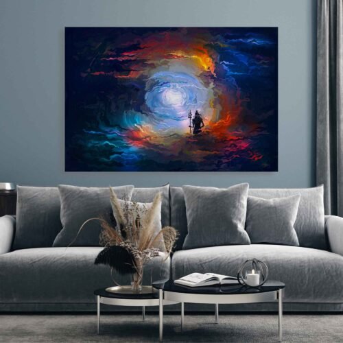 Mystical Serenity - Lord Shiva's Trishula and the Radiant Moon - Wall Art Prints. This captivating artwork showcases a breathtaking scene, where the heavens come alive with a dramatic sky adorned by glowing clouds and a full moon illuminating the celestial landscape.