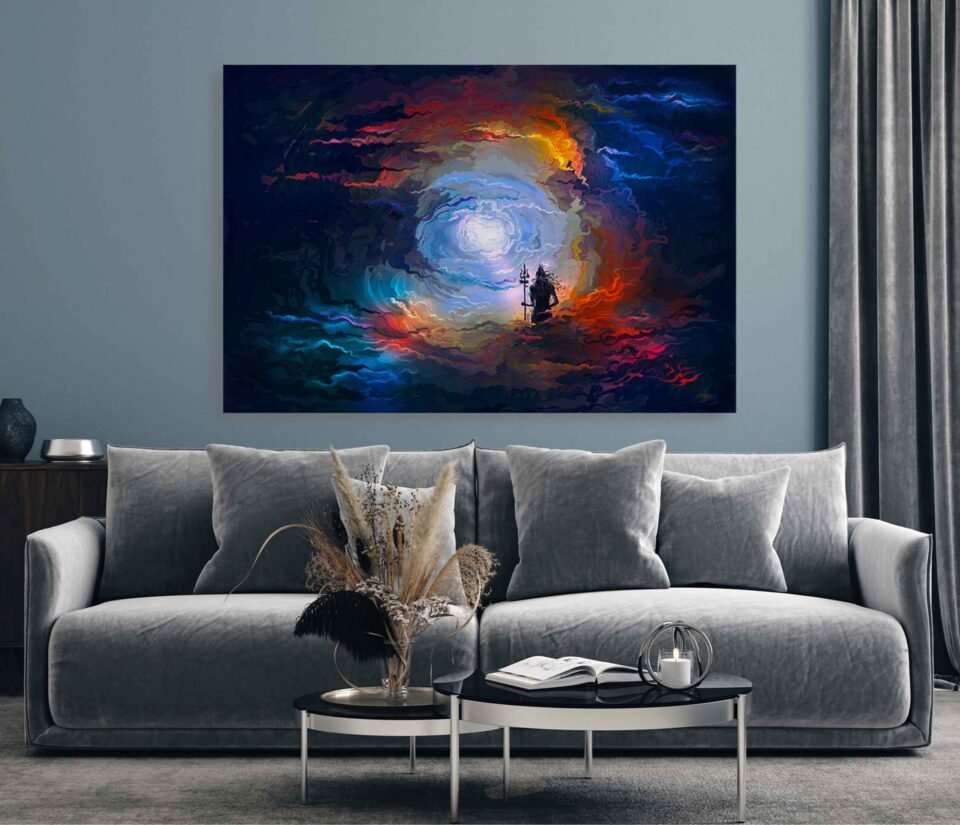 Mystical Serenity - Lord Shiva's Trishula and the Radiant Moon - Wall Art Prints. This captivating artwork showcases a breathtaking scene, where the heavens come alive with a dramatic sky adorned by glowing clouds and a full moon illuminating the celestial landscape.