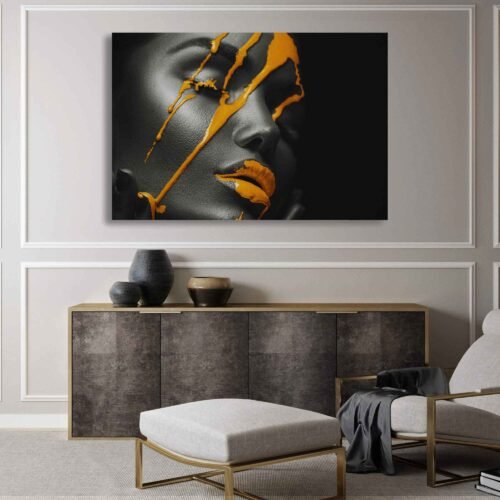 Monochrome Glamour - Beauty in Golden Makeup - Sensual Wall Art. Let the golden liquid drops and monochrome beauty inspire you with their artistic charm and glamorous flair. Order now and bring the captivating allure of high-fashion beauty into your home, creating an ambiance that celebrates the elegance and sophistication of art and style.