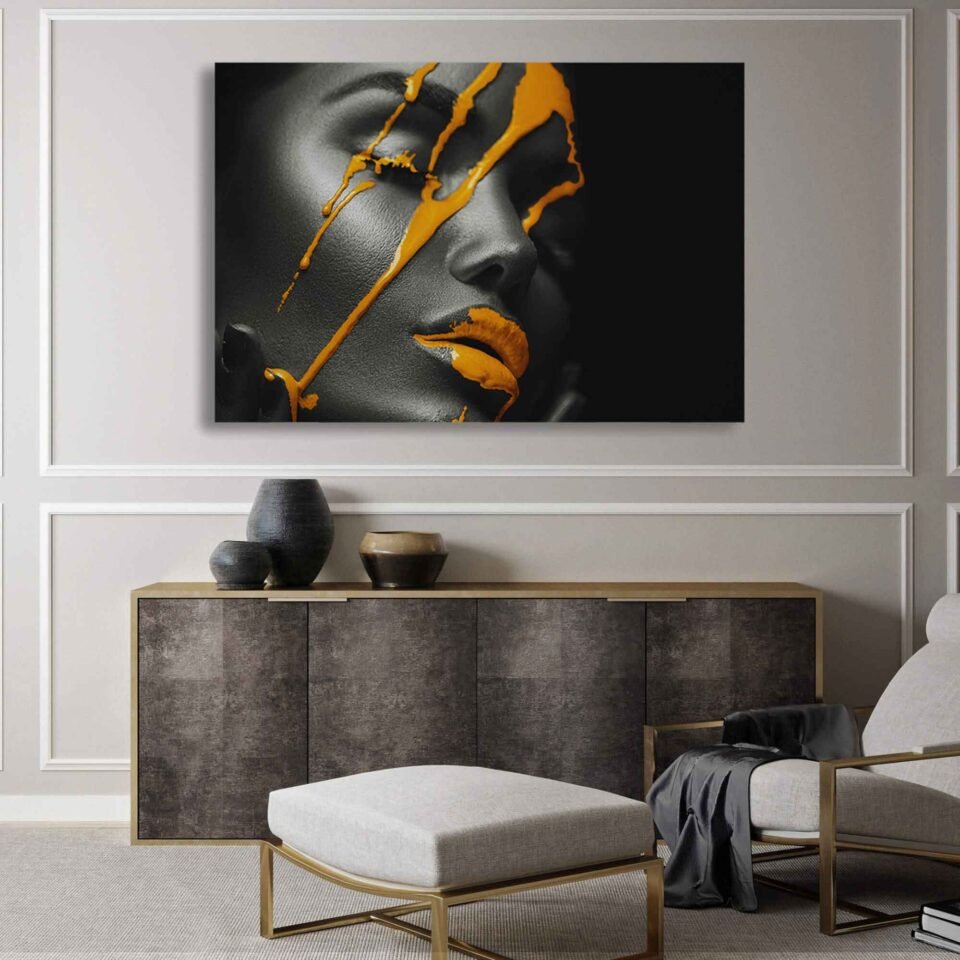 Monochrome Glamour - Beauty in Golden Makeup - Sensual Wall Art. Let the golden liquid drops and monochrome beauty inspire you with their artistic charm and glamorous flair. Order now and bring the captivating allure of high-fashion beauty into your home, creating an ambiance that celebrates the elegance and sophistication of art and style.