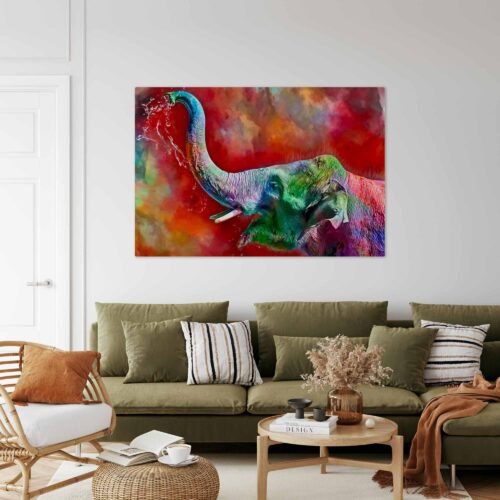 Joyful Elephant - Modern Art - Oil Painting Reproduction on Canvas Art Print. The modern oil painting of the happy elephant celebrates the beauty of nature and the gentle spirit of these majestic creatures. It brings a sense of joy and positivity to any room, infusing your space with an artistic touch that sparks conversations and admiration.