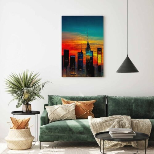 NYC Sunset - Canvas Art. This captivating canvas print captures the breathtaking beauty of the iconic New York City skyline as the sun sets over Manhattan. Immerse yourself in the dynamic urban landscape and experience the blend of architecture, nature, and the vibrant city lights that adorn the night sky.