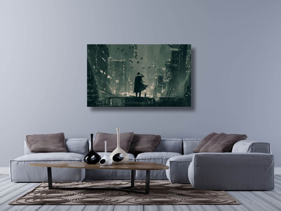 Rainy Night Noir - Detective on Rooftop - Canvas Prints