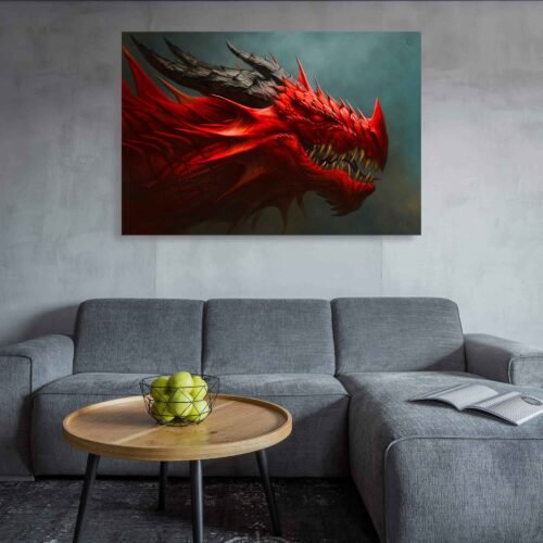 Scarlet Inferno Animal Prints - Red Dragon Head on Canvas Art Prints. The red dragon portrait, with its intense gaze and fiery hues, evokes a sense of strength, mystery, and mythical enchantment. The digital painting technique allows for intricate details and textures to be brought forth, showcasing the intricate scales, piercing eyes, and the essence of this legendary creature.