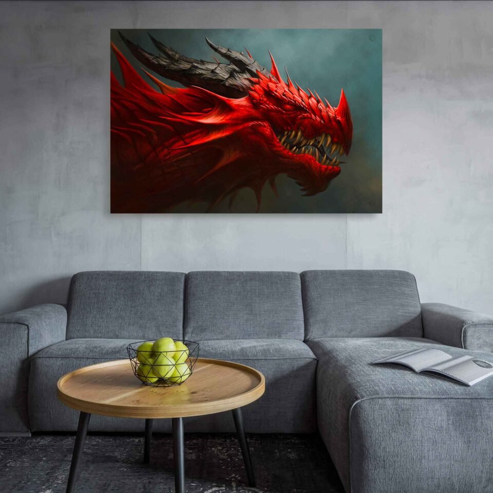 Scarlet Inferno Animal Prints - Red Dragon Head on Canvas Art Prints. The red dragon portrait, with its intense gaze and fiery hues, evokes a sense of strength, mystery, and mythical enchantment. The digital painting technique allows for intricate details and textures to be brought forth, showcasing the intricate scales, piercing eyes, and the essence of this legendary creature.