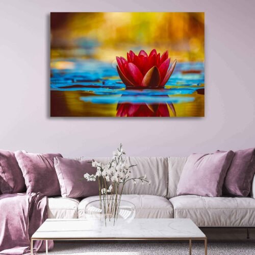 Reflections of Serenity - Beautiful Water Lily in a Pond - Wall Art. This stunning canvas print captures the essence of serenity as it showcases a mesmerizing water lily in full bloom, gracefully resting on the surface of a tranquil pond. The artist's meticulous attention to detail and use of vibrant colors create a visually captivating scene that transports you to a peaceful oasis in nature.