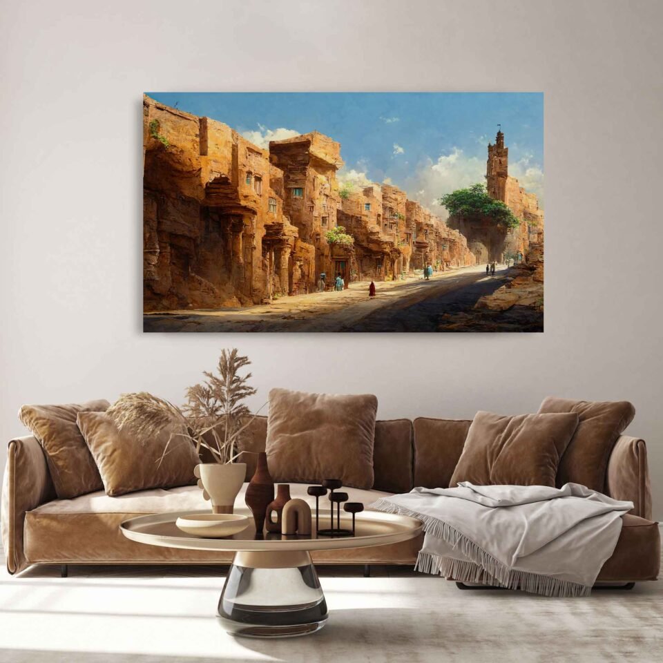 Sandstone Serenity - Canvas Art - Ancient Arabic City in the Blue Sky - Large Wall Art. In "Sandstone Serenity," you'll find yourself transported to a picturesque Arabic city, where the charm of sandstone architecture meets the tranquility of a clear blue sky. The intricate details and subtle hues of the village come alive on the canvas, evoking a sense of wonder and curiosity about its rich history and cultural significance.