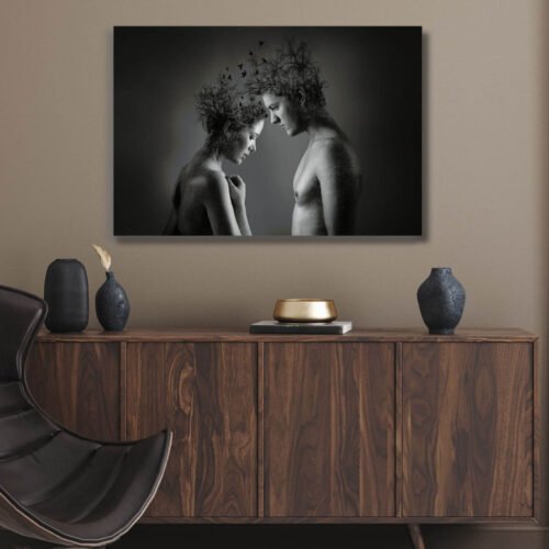 Souls in Grey Canvas Prints - Portrait of Love Wall Decor - Connection in Darkness The gray and dark portrait, with its abstract representation of soul mates, embodies the depth and complexity of love. It conveys a sense of intimacy, connection, and unity, reflecting the profound bond shared by two souls destined to journey together.