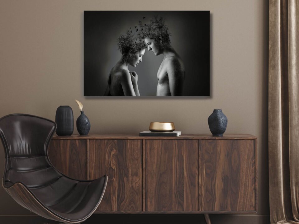 Souls in Grey Canvas Prints - Portrait of Love Wall Decor - Connection in Darkness The gray and dark portrait, with its abstract representation of soul mates, embodies the depth and complexity of love. It conveys a sense of intimacy, connection, and unity, reflecting the profound bond shared by two souls destined to journey together.