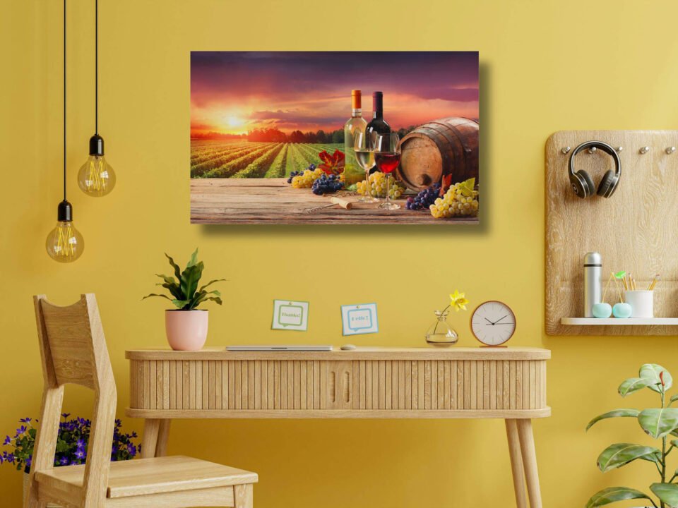 Sundown Soiree - Wineglasses, Barrel, and Bottle in the Vineyard - Nature Wall Art. "Sundown Soiree" celebrates the joy of gathering with loved ones and savoring the delights of a vineyard at sunset. The soft and warm hues of the setting sun create a soothing and inviting atmosphere, making this artwork a perfect addition to any space where you seek to create a welcoming and sophisticated ambiance.