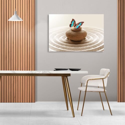 Tranquil Balance - Zen Garden Meditation with Butterfly and Stones - Canvas Prints. "Tranquil Balance" celebrates the art of mindfulness and the quest for inner peace. The presence of the butterfly symbolizes transformation and the fleeting nature of life, serving as a gentle reminder to find balance and harmony amidst life's ever-changing circumstances.