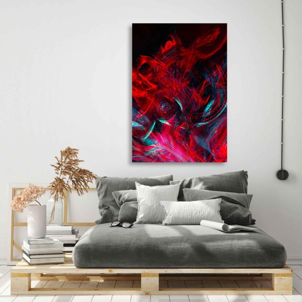 Expressive Red - Abstract Wall Art - Modern Wall Decor, Bedroom Wall Art and Living Room Art. The vivid and bold colors burst forth, filling your space with a captivating and invigorating ambiance. Amidst the vivid hues, the darker elements add depth and mystery, balancing the composition and enhancing its allure.