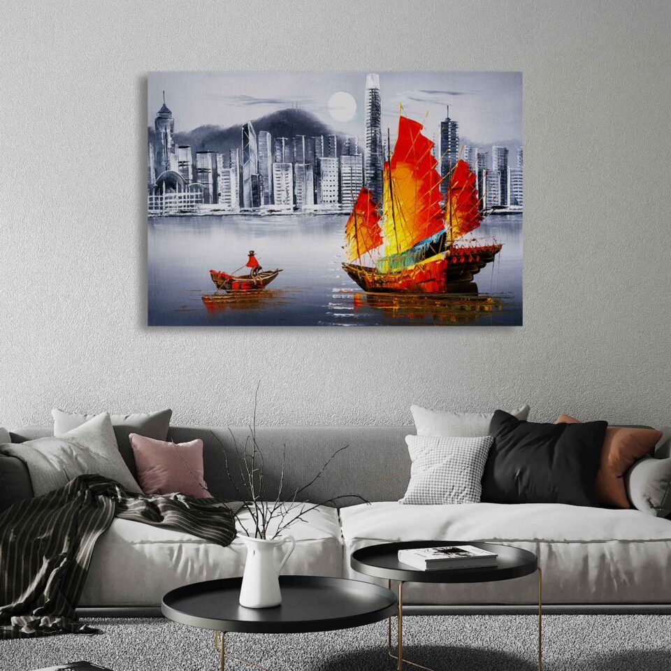 Harbor's Monochrome Symphony - Abstract Oil Painting of Victoria Harbor, Hong Kong - Canvas Print Reproduction. The monochrome palette adds a touch of sophistication and timelessness, making it a striking centerpiece that reflects your appreciation for artistic expression. Elevate your decor with this remarkable oil painting reproduction and allow the harmonious symphony of Victoria Harbor to captivate and inspire all who behold it.