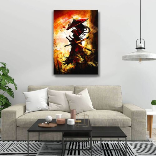 Warrior of Twilight - Female Samurai Amidst the Orange Sunset - Japanese Wall Art. "Warrior of Twilight" celebrates the courage and determination of a warrior who navigates the delicate balance between light and darkness. The striking contrast of the demon horns against the setting sun adds an air of mystery and intrigue, making this samurai a compelling and formidable figure.