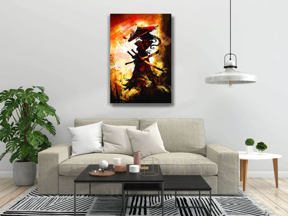 Warrior of Twilight - Female Samurai Amidst the Orange Sunset - Japanese Wall Art. "Warrior of Twilight" celebrates the courage and determination of a warrior who navigates the delicate balance between light and darkness. The striking contrast of the demon horns against the setting sun adds an air of mystery and intrigue, making this samurai a compelling and formidable figure.