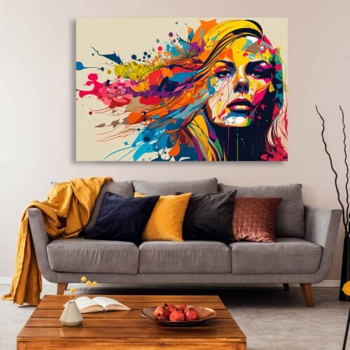 Color Expression - Art Prints - A Captivating Canvas Prints of a Woman's Face and Paint Strokes. The captivating blend of the woman's face and expressive paint strokes creates a visually striking composition that sparks intrigue and emotion. The vibrant colors, ranging from bold primaries to delicate pastels, add an energizing and uplifting atmosphere to any room.