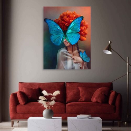 Whimsical Portrait Surreal Art - A Surreal Portrait of Woman with Peony Crown - Canvas Wall Art Prints. The surreal elements and symbolism of butterflies and flowers invite viewers to explore their own interpretations and connect with the transformative power of nature and dreams. Allow this remarkable artwork to become a cherished addition to your decor, inspiring your imagination and reminding you of the beauty and wonder that can be found in the realm of dreams.