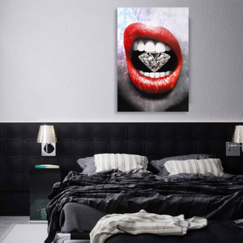 Captivating Elegance - Macro Red Lips Embracing a Diamond - Canvas Wall Art Prints