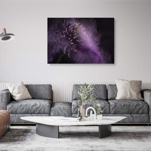 Mystical Blooms - Floral Wall Art - Beautiful Flower Amidst Flying Purple Dust. Allow this remarkable artwork to become a cherished addition to your decor, inspiring a sense of wonder and inviting you to explore the mystical realms of beauty and imagination. The flower, with its delicate petals, stands out in mesmerizing contrast against the swirling purple dust, evoking a sense of wonder and enchantment.