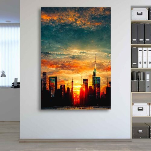 Twilight Vistas - Urban Skyscrapers Amidst New York City's Glowing Horizon - Cityscape Art. The vibrant colors and delicate nuances of the twilight sky create a captivating contrast against the towering skyscrapers, evoking a sense of wonder and admiration for the urban landscape. This stunning piece showcases the mesmerizing urban landscape as dusk settles in, bathing the city in a warm, ethereal glow.