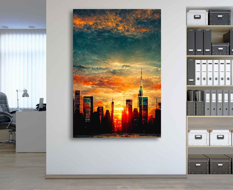 Twilight Vistas - Urban Skyscrapers Amidst New York City's Glowing Horizon - Cityscape Art. The vibrant colors and delicate nuances of the twilight sky create a captivating contrast against the towering skyscrapers, evoking a sense of wonder and admiration for the urban landscape. This stunning piece showcases the mesmerizing urban landscape as dusk settles in, bathing the city in a warm, ethereal glow.