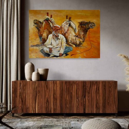 Sands of Time - Portrait of Bedouin Karam Hatem al-Tai in the Desert - Wall Art Prints The quiet strength and wisdom reflected in the old Bedouin's presence, coupled with the majestic presence of the camels, create a sense of awe and reverence. The depth and vibrancy of the oil and acrylic medium are faithfully preserved, allowing you to immerse yourself in the captivating scene.