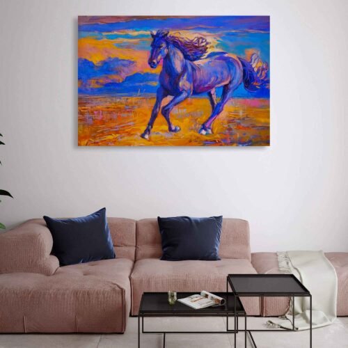 Dynamic Gallop - Canvas Art. The modern art style adds a contemporary flair to the traditional subject of the running horse, infusing the artwork with a sense of movement, energy, and artistic expression. The expressive brushwork and vibrant colors enhance the dynamism and spirit of the galloping horse.